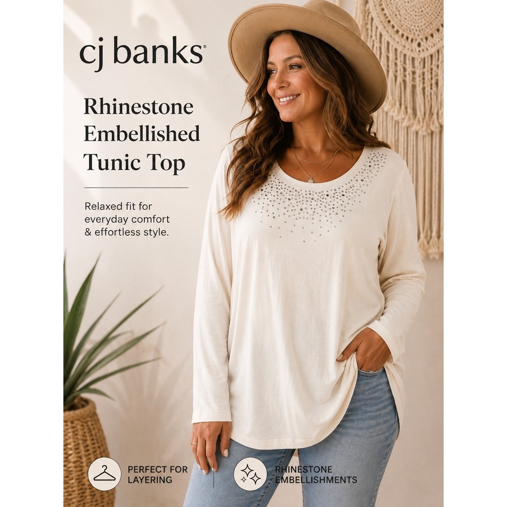 NEW CJ Banks Womens Cream Long Sleeve Rhinestone‎ Embellished Tunic Top Plus 3X